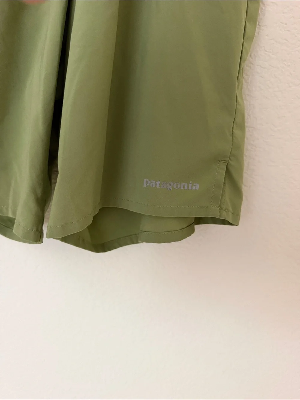 Patagonia Olive Green Athletic Shorts with Orange Accent